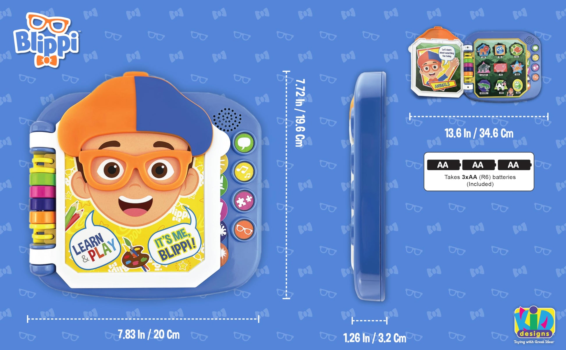 Close up of Blippi character graphics on learning book