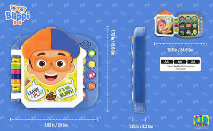 Close up of Blippi character graphics on learning book