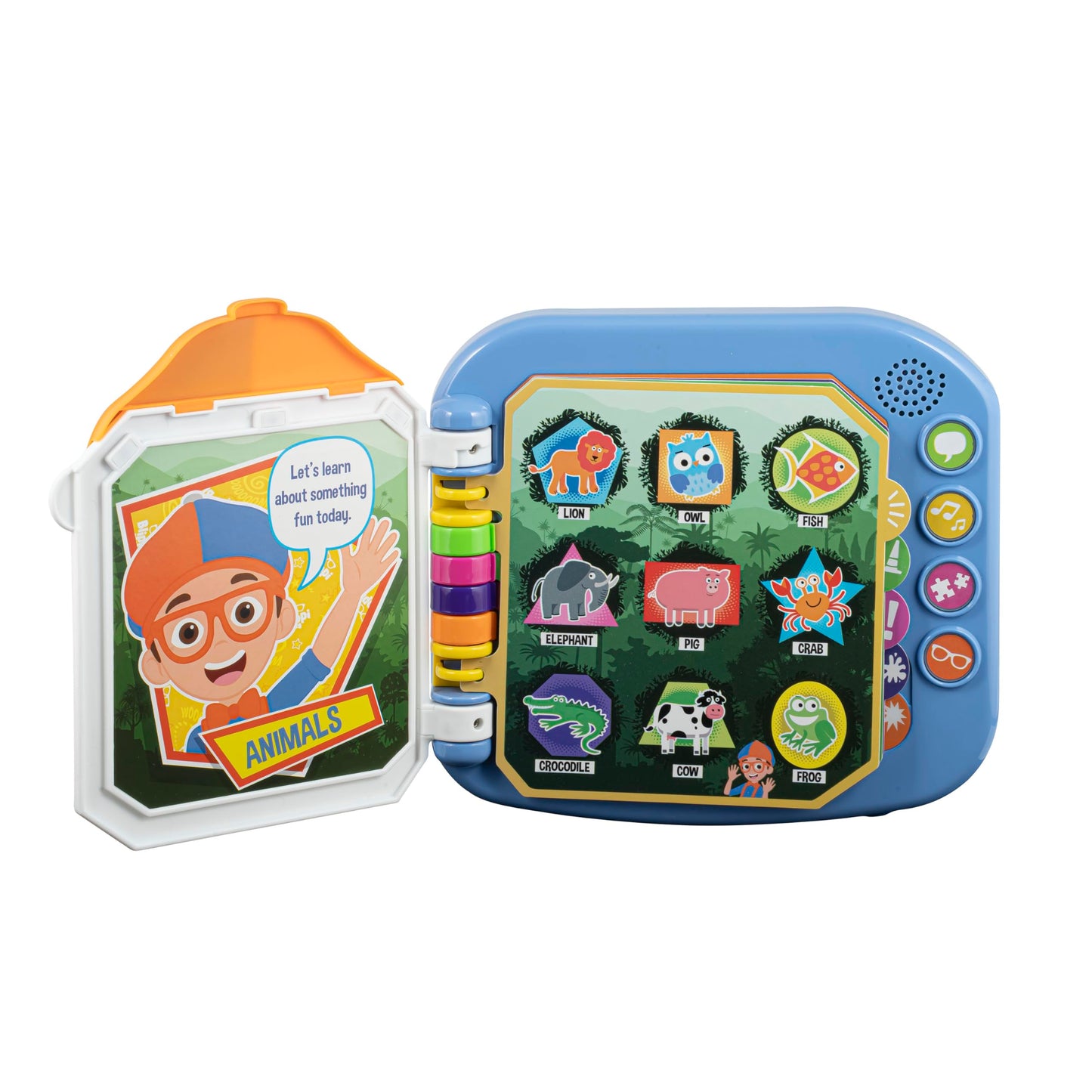 Ekids Blippi book open to animal and vehicle pages