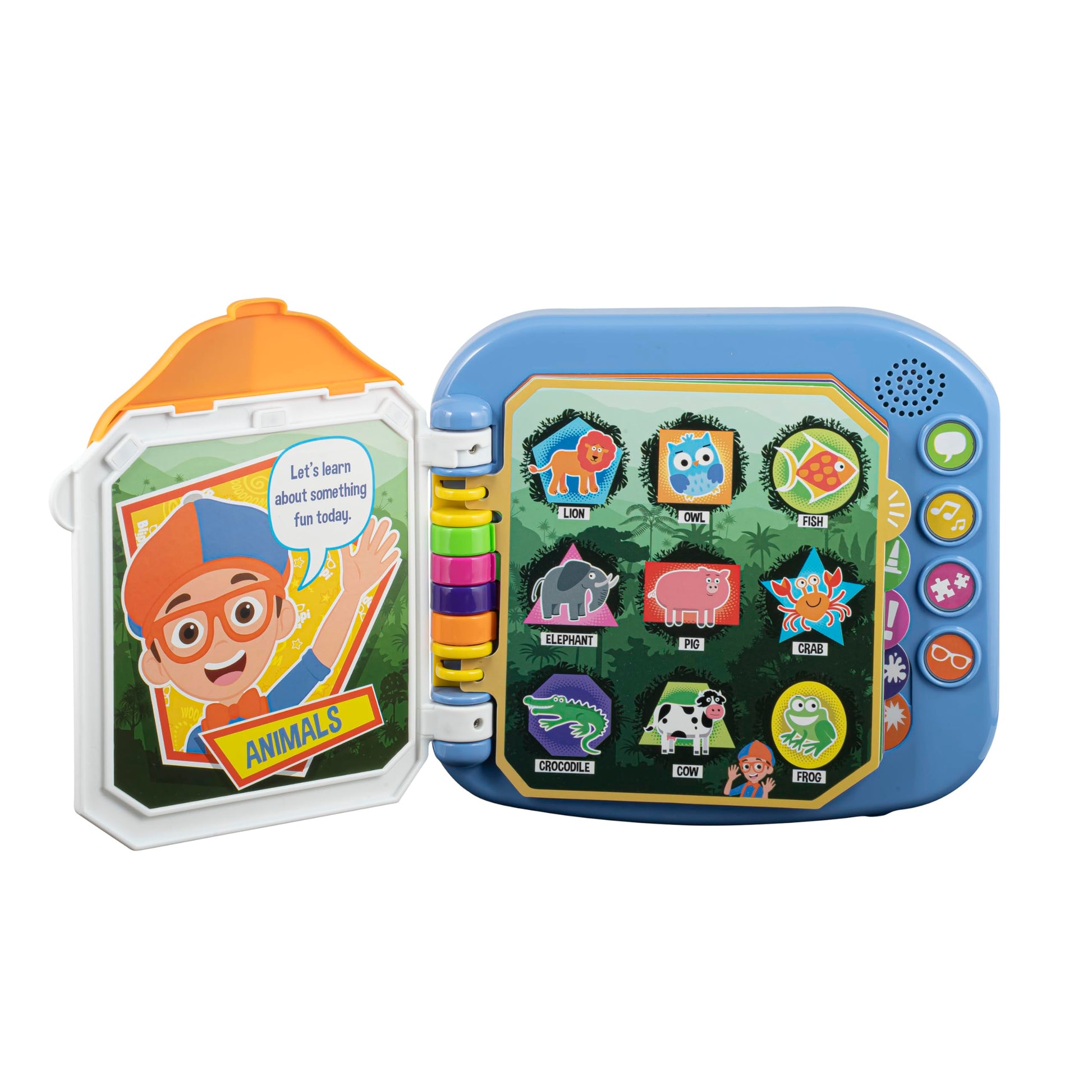 Ekids Blippi book open to animal and vehicle pages