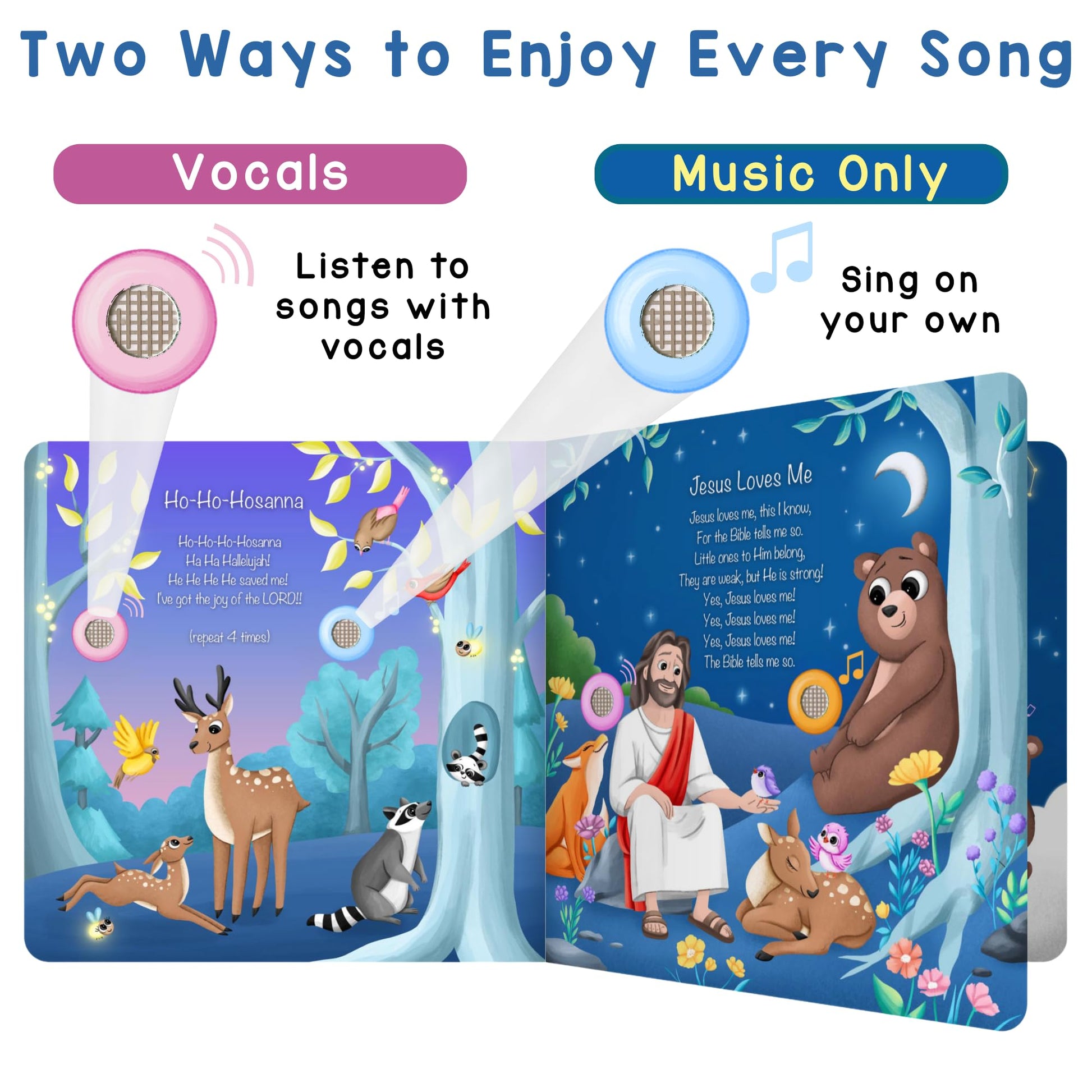 Open pages of Learning Bugs Bible Songs book showing lyrics and illustrations