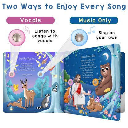 Open pages of Learning Bugs Bible Songs book showing lyrics and illustrations