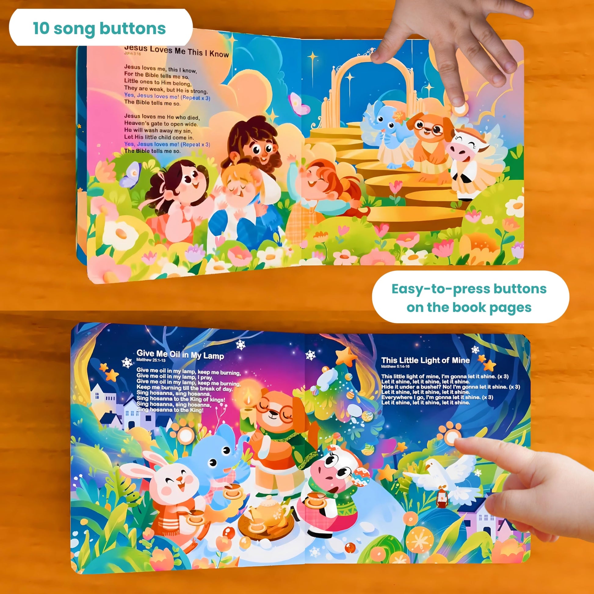 Toddler using Go Go Jesus Loves Me musical toy