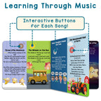 Toddler hands pressing interactive buttons on Learning Bugs song book