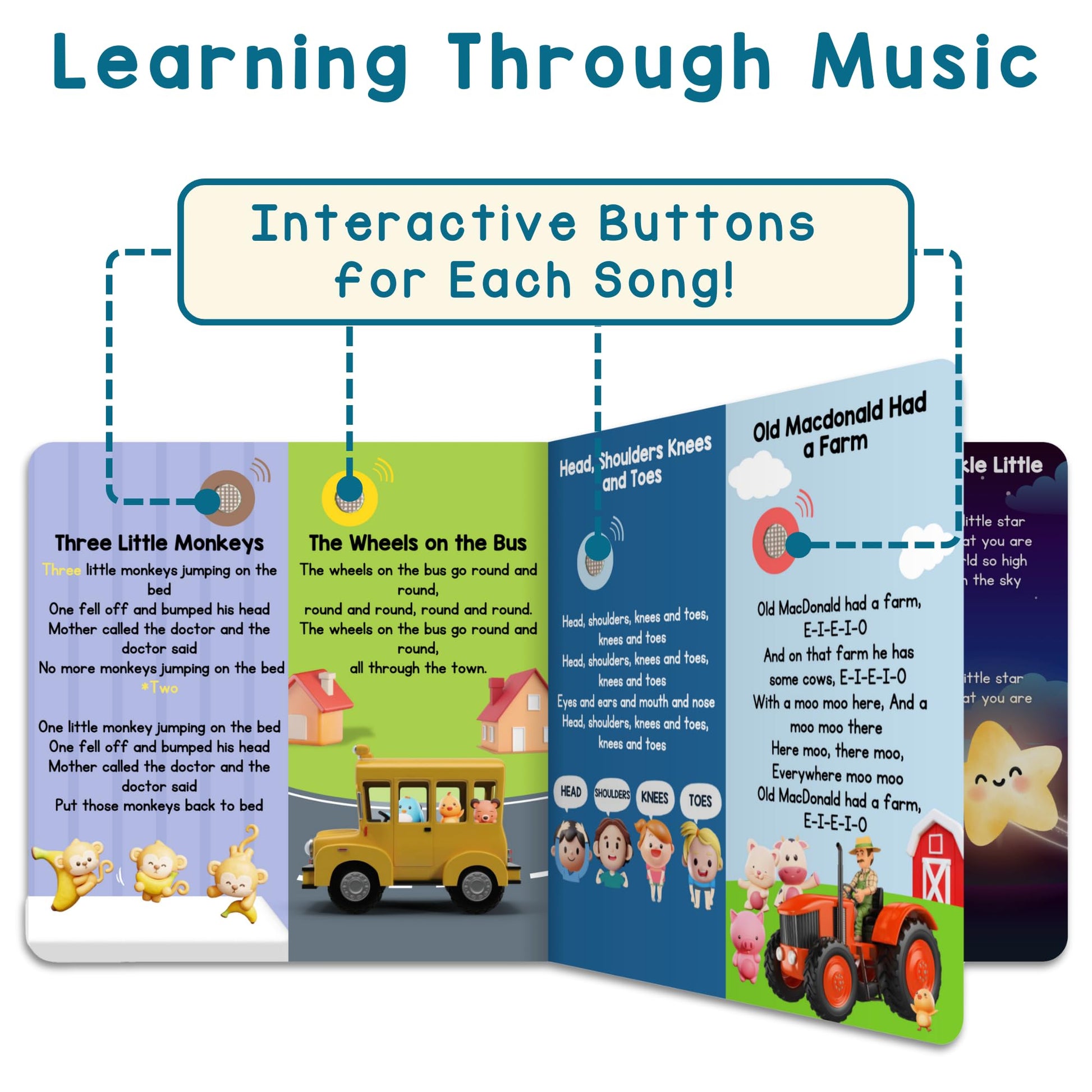 Toddler hands pressing interactive buttons on Learning Bugs song book