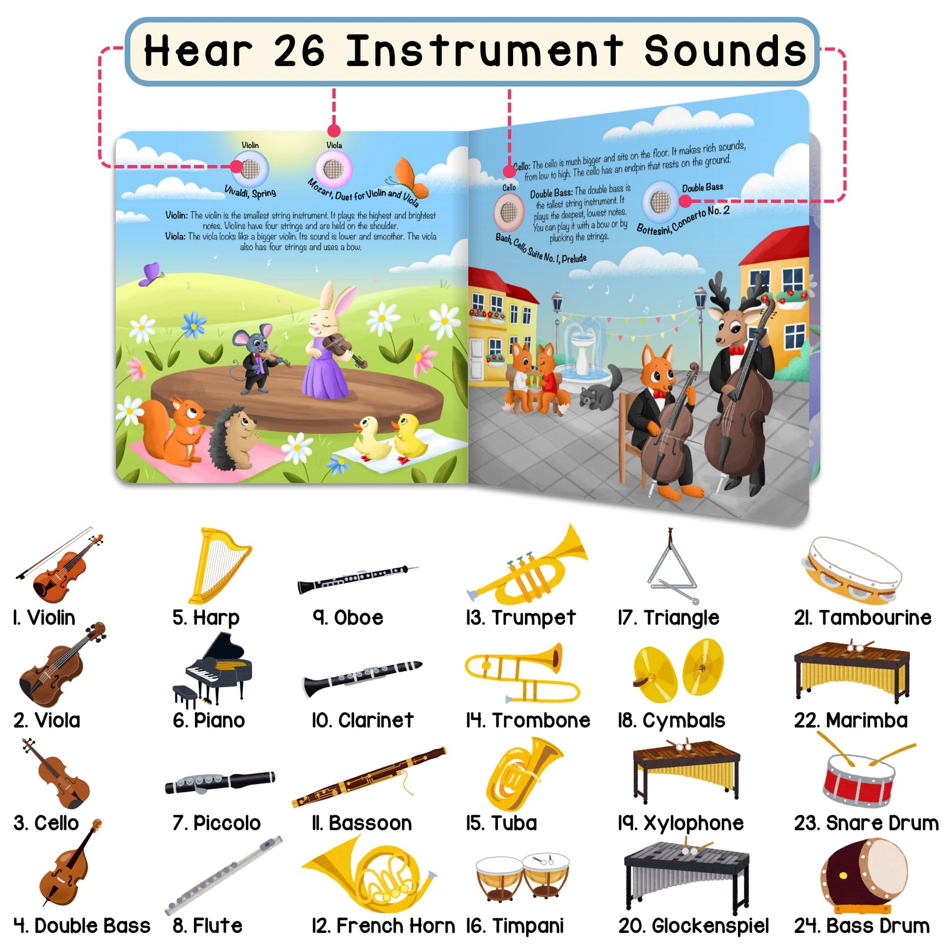 Learning Bugs Discover The Orchestra board book pages with instrument illustrations