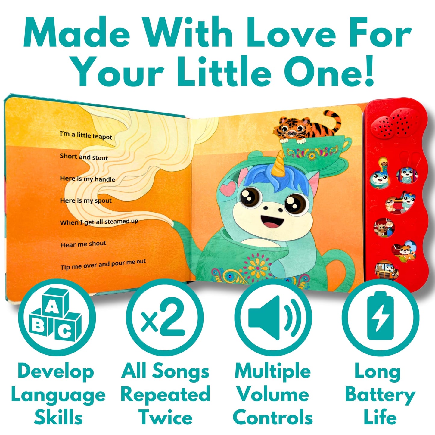 Back of Astro Learns English sound book showing volume control settings.