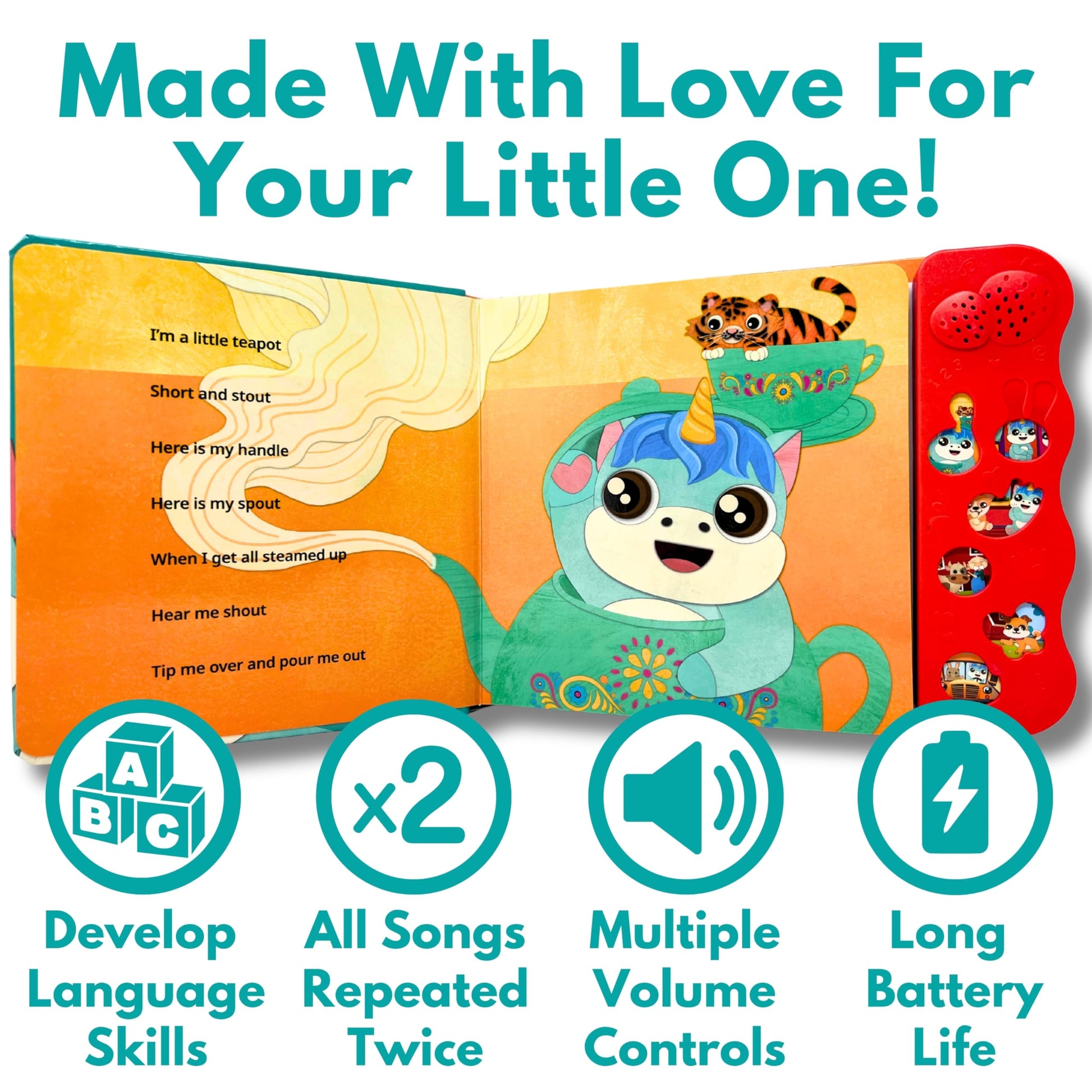 Back of Astro Learns English sound book showing volume control settings.
