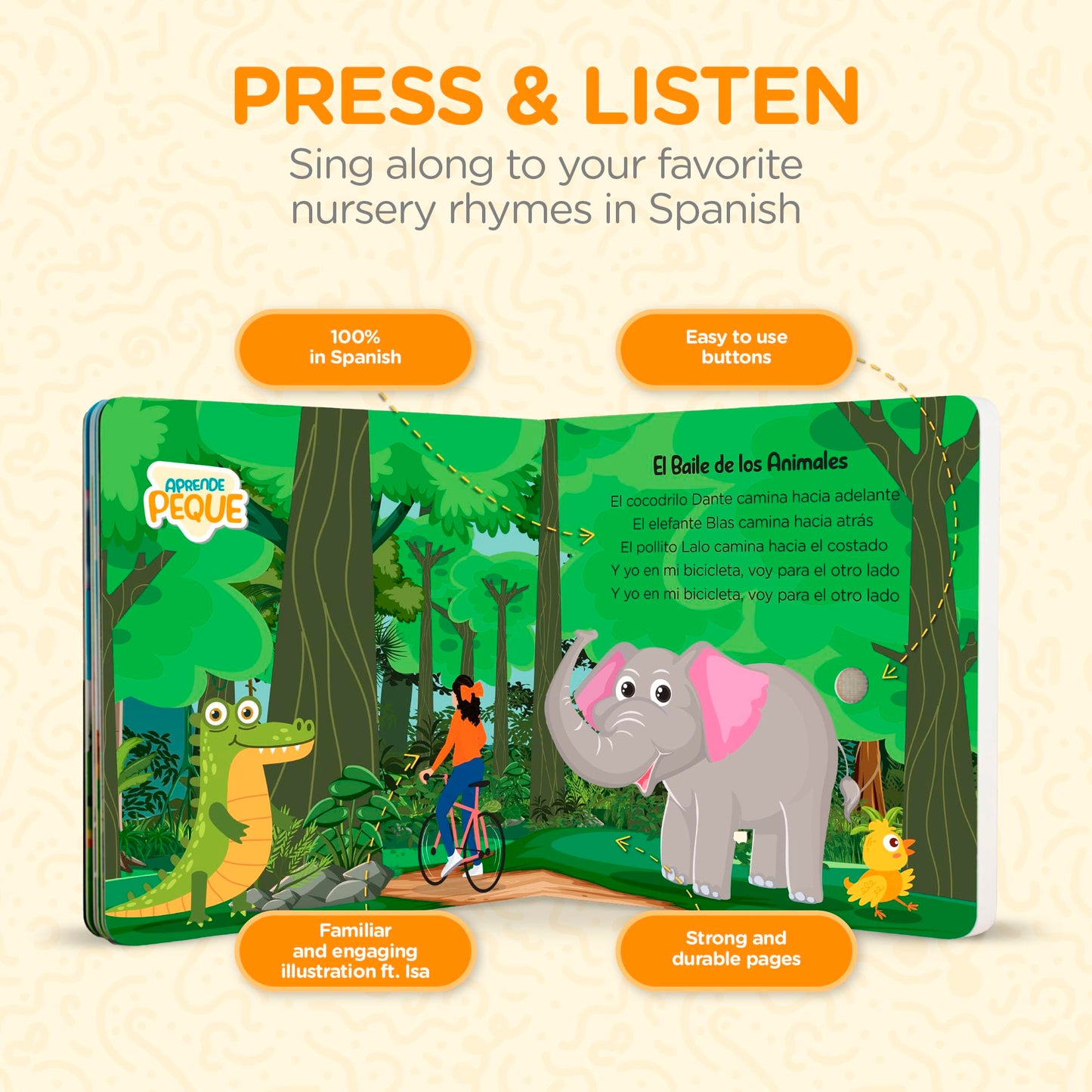 Close up of sound button on interactive Spanish children book