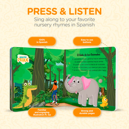 Close up of sound button on interactive Spanish children book