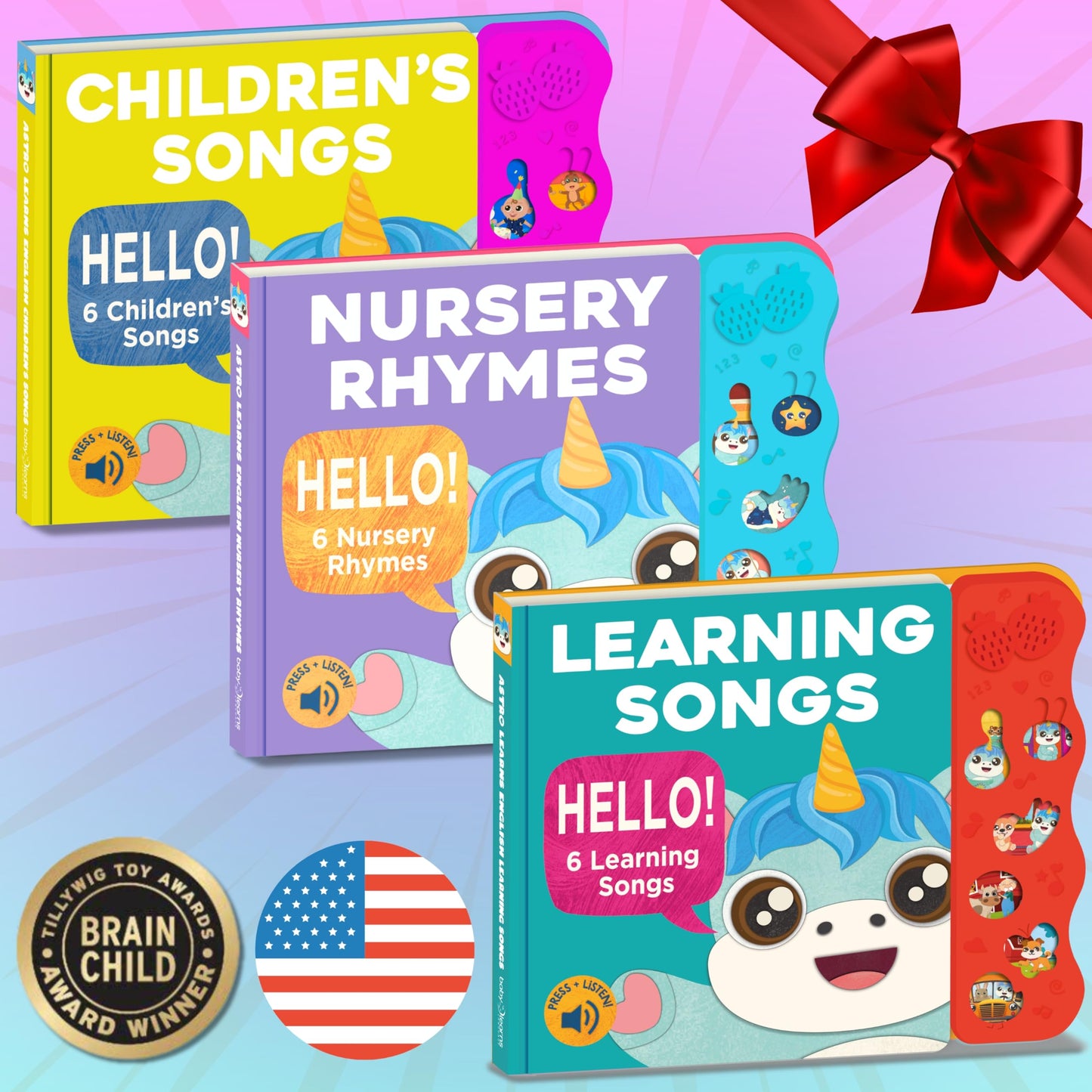 Astro Learns English sound book set on a child's reading table.