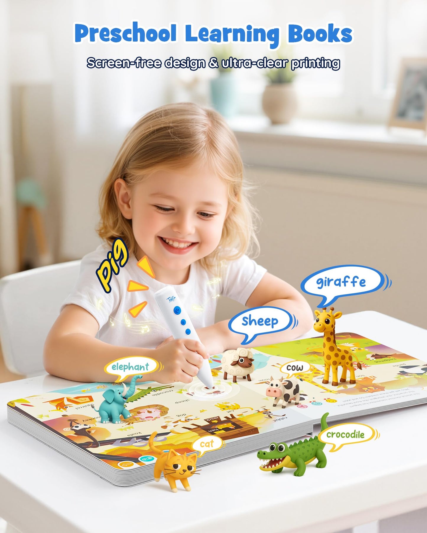 Child using Tekfun talking pen on educational book page
