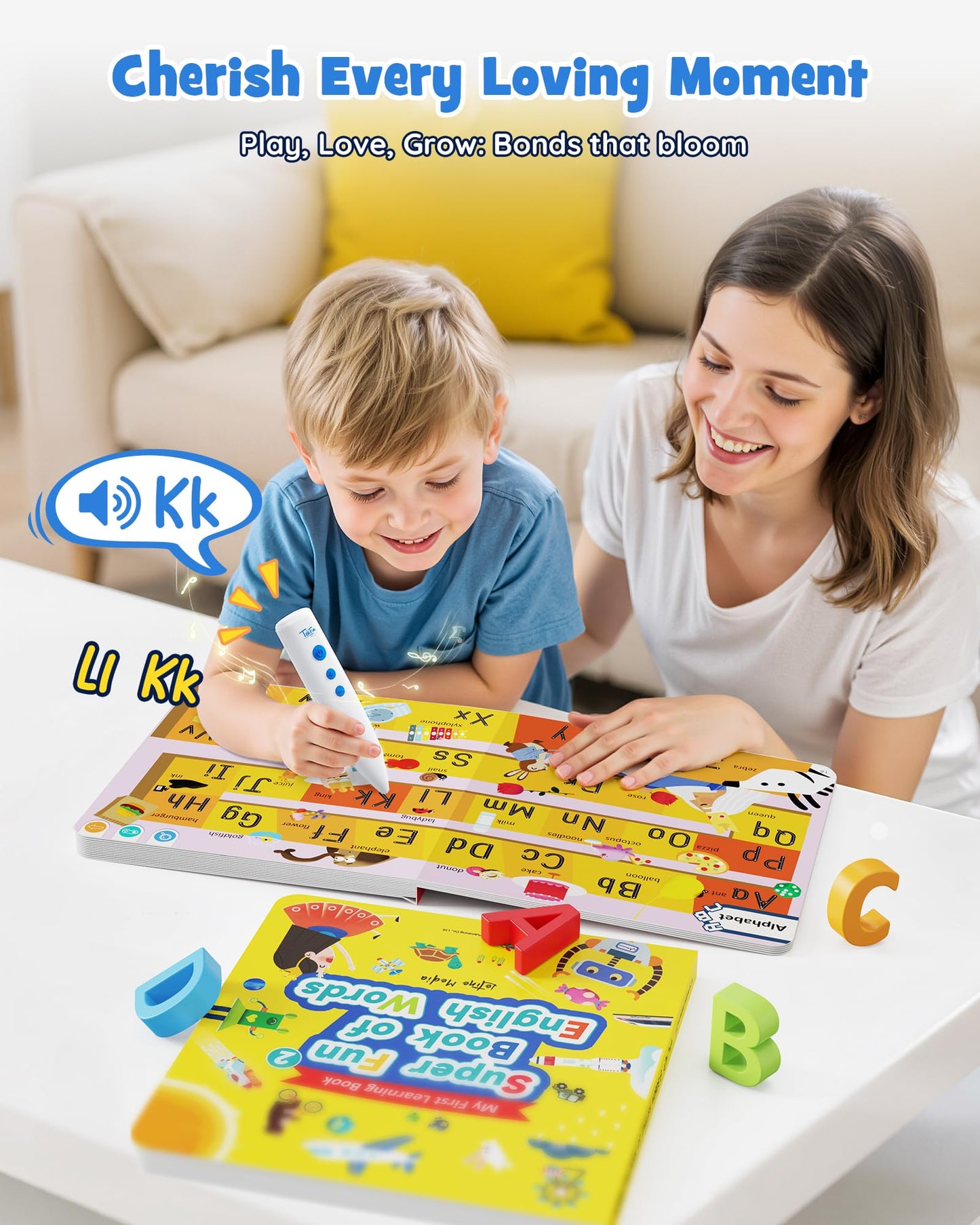 Close up of Tekfun talking pen tip and interactive learning icons