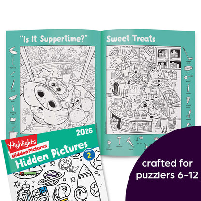 Close up of Highlights 2026 puzzle book pages