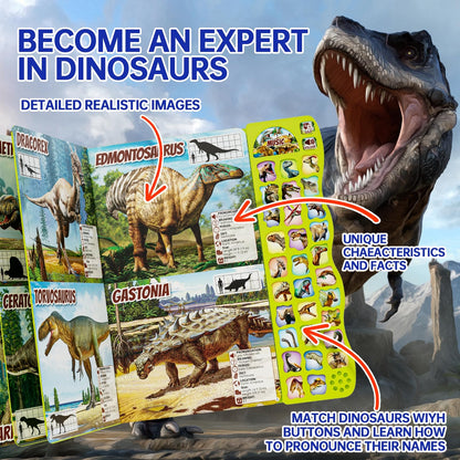 Close up of interactive dinosaur sound buttons in the Gzsbaby book.