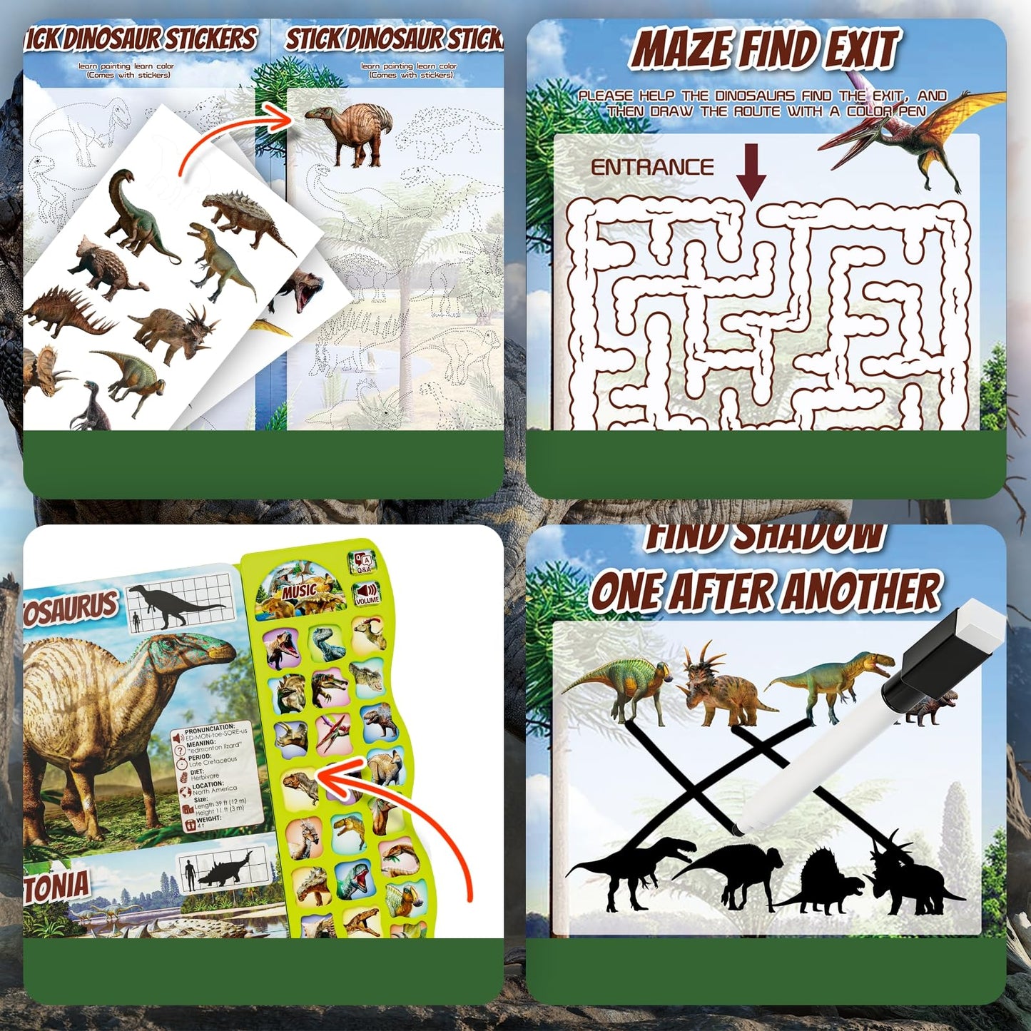 Child using Gzsbaby dinosaur activity book with puzzle pages.