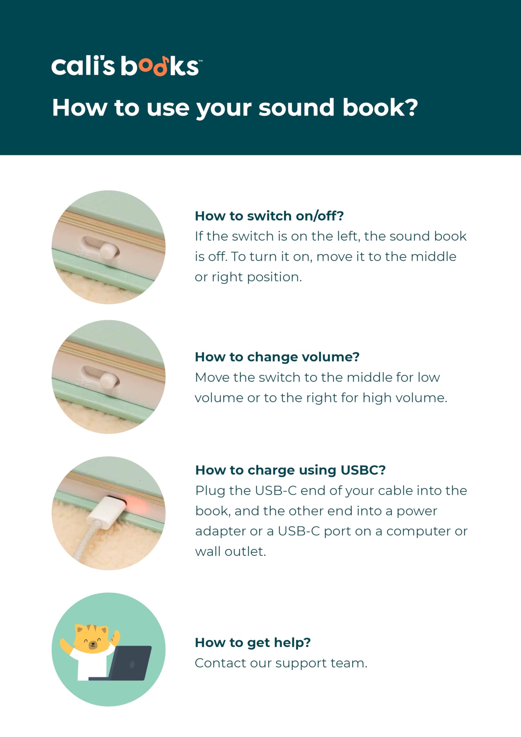 Side profile of Cali's Books rechargeable bilingual musical book for children
