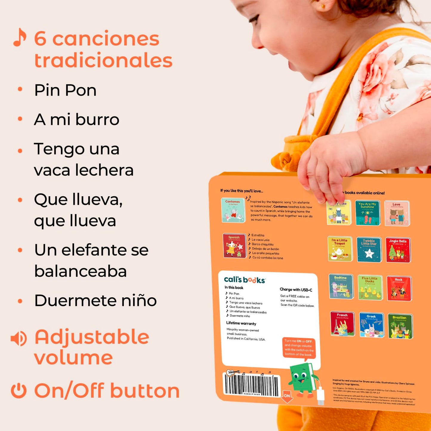 Back view of Cali's Books Spanish sound book showing the battery compartment.