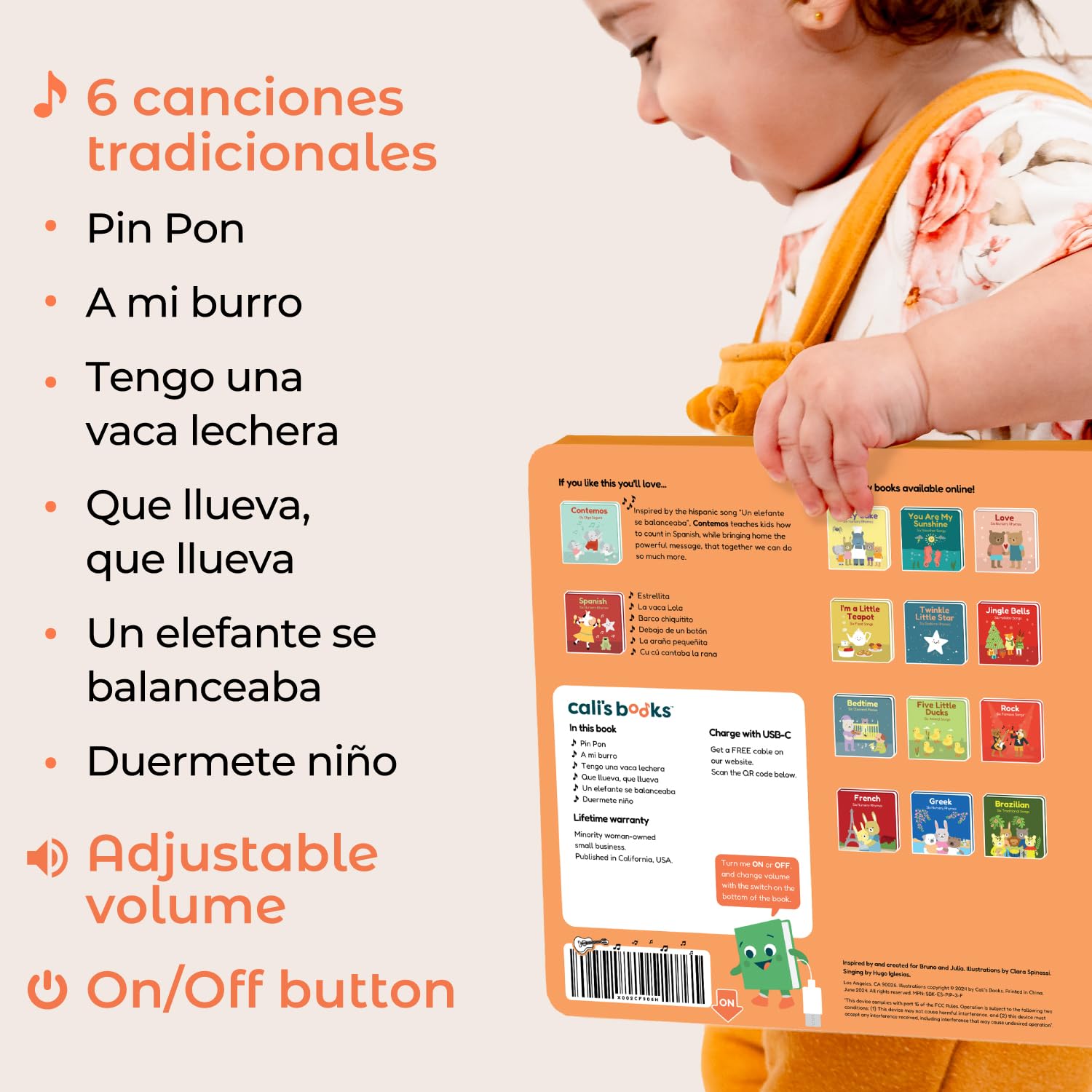 Back view of Cali's Books Spanish sound book showing the battery compartment.