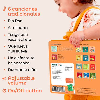 Back view of Cali's Books Spanish sound book showing the battery compartment.