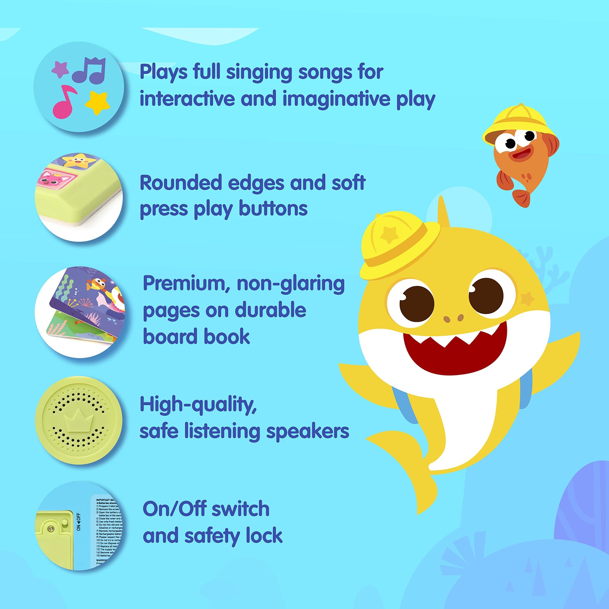 Toddler hands interacting with the Pinkfong sound book buttons