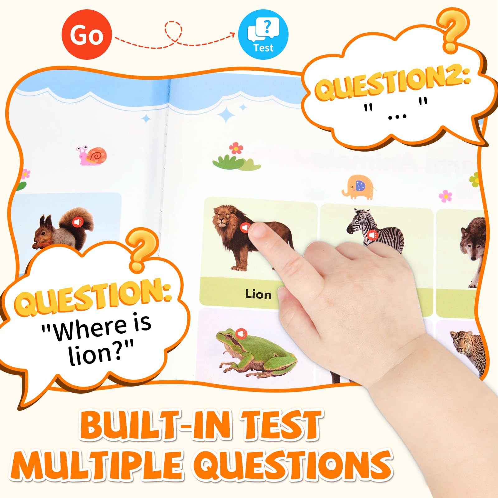 Toddler using Arnbz English sound book in interactive quiz mode