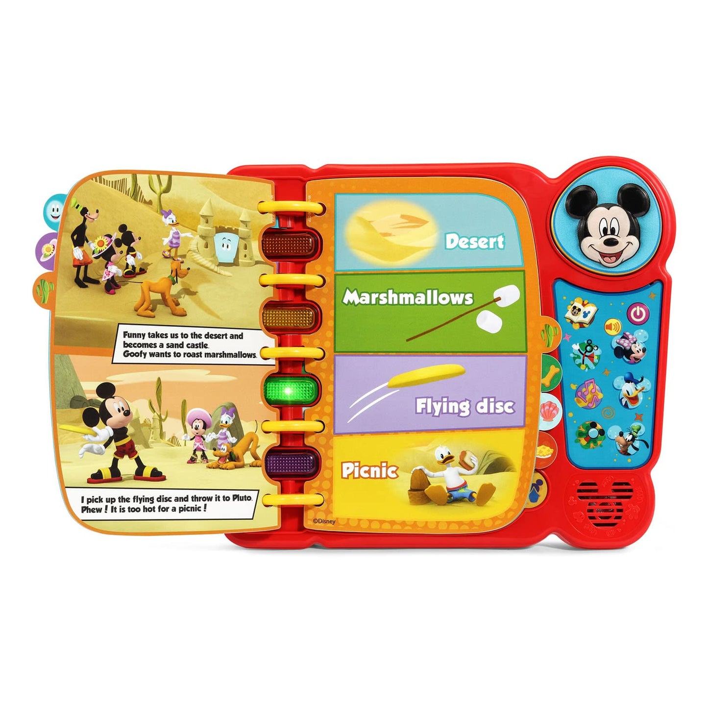 Child holding VTech Mickey Mouse learning book with carrying handle