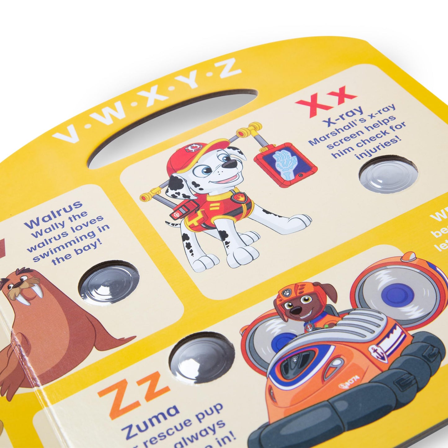 Child hands pressing pop-a-tronic buttons on PAW Patrol alphabet book