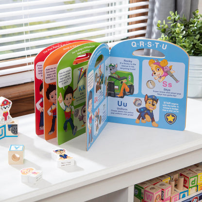 Back view of PAW Patrol alphabet book with integrated carry handle