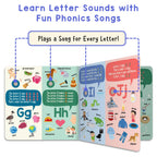 Learning Bugs Phonics Songs Book open showing alphabet sound buttons