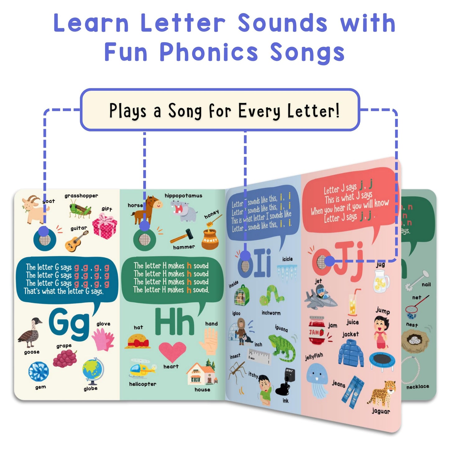 Learning Bugs Phonics Songs Book open showing alphabet sound buttons