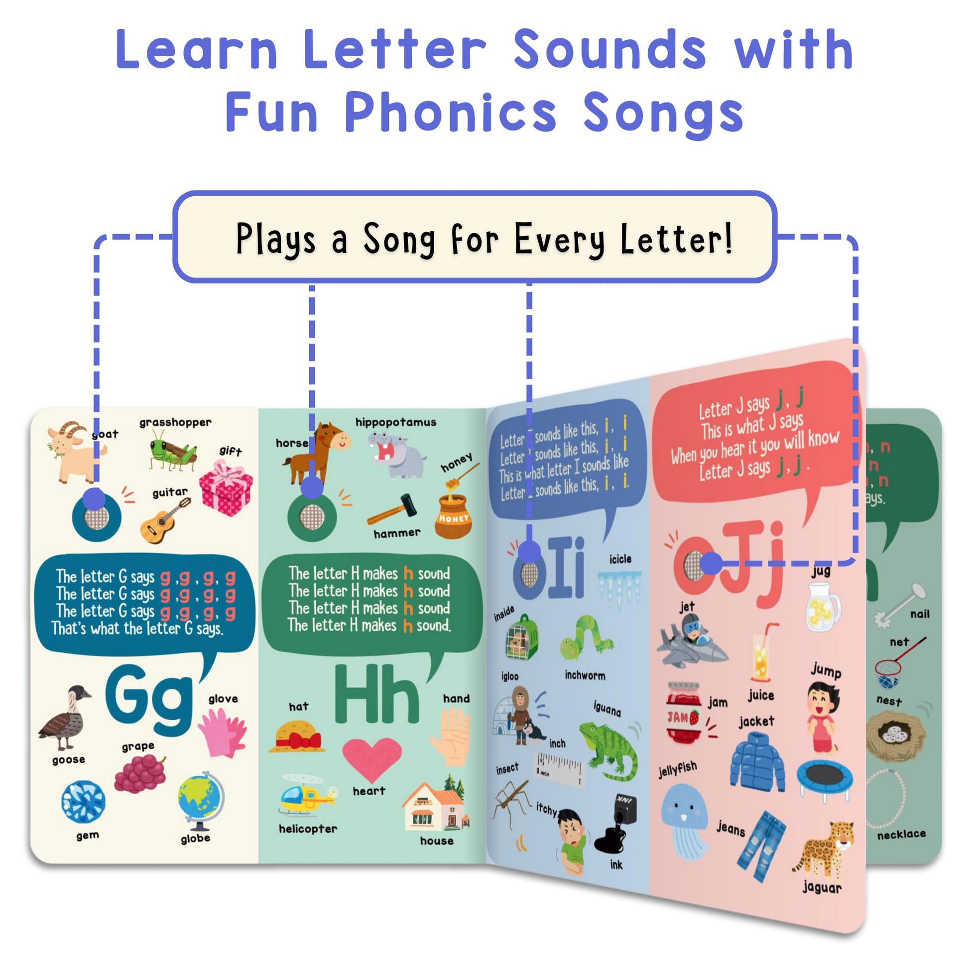 Learning Bugs Phonics Songs Book open showing alphabet sound buttons