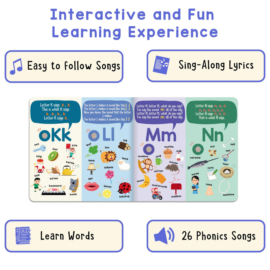 Side profile of Learning Bugs Phonics Songs Book showing sturdy pages