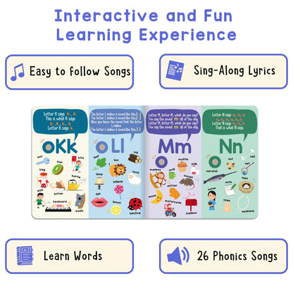 Side profile of Learning Bugs Phonics Songs Book showing sturdy pages