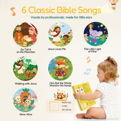Toddler hands pressing the large music button on Pumiboo book
