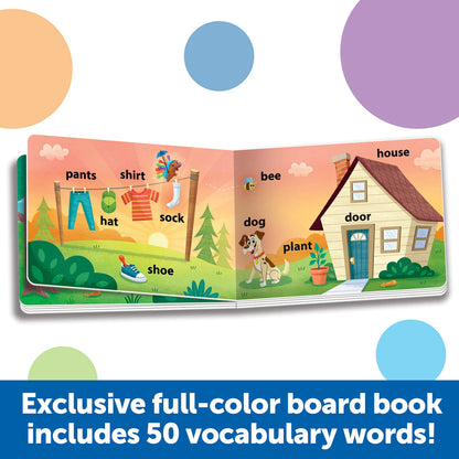 Toddler playing with Learning Resources Spike Hedgehog and board book