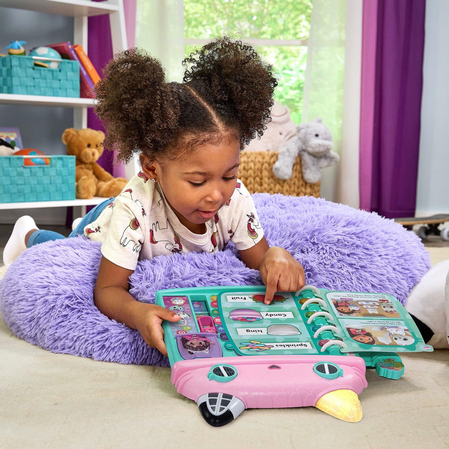 Vtech Gabby's Dollhouse book showing Pandy Paws and MerCat characters
