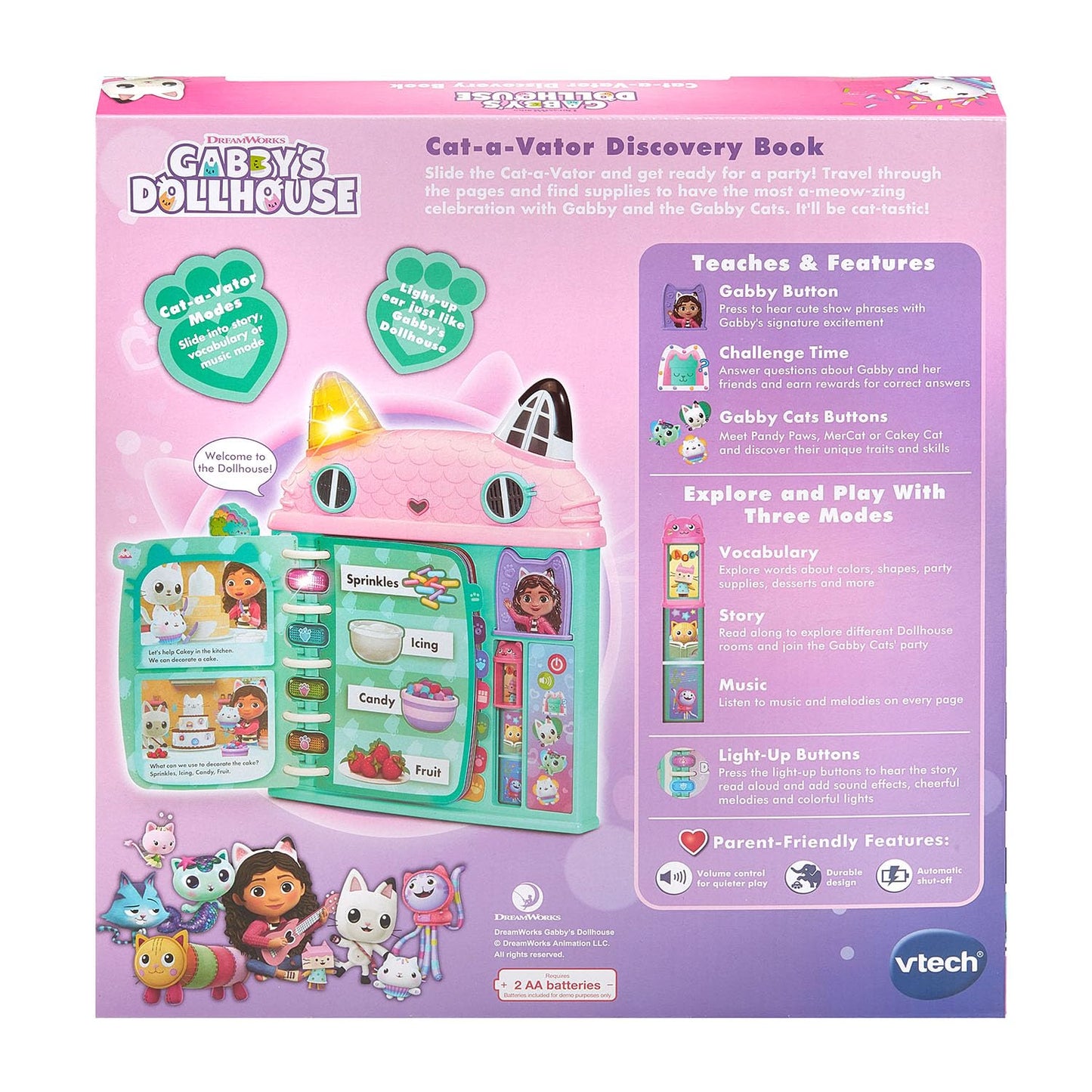 Back view of Vtech Gabby's Dollhouse learning book battery compartment