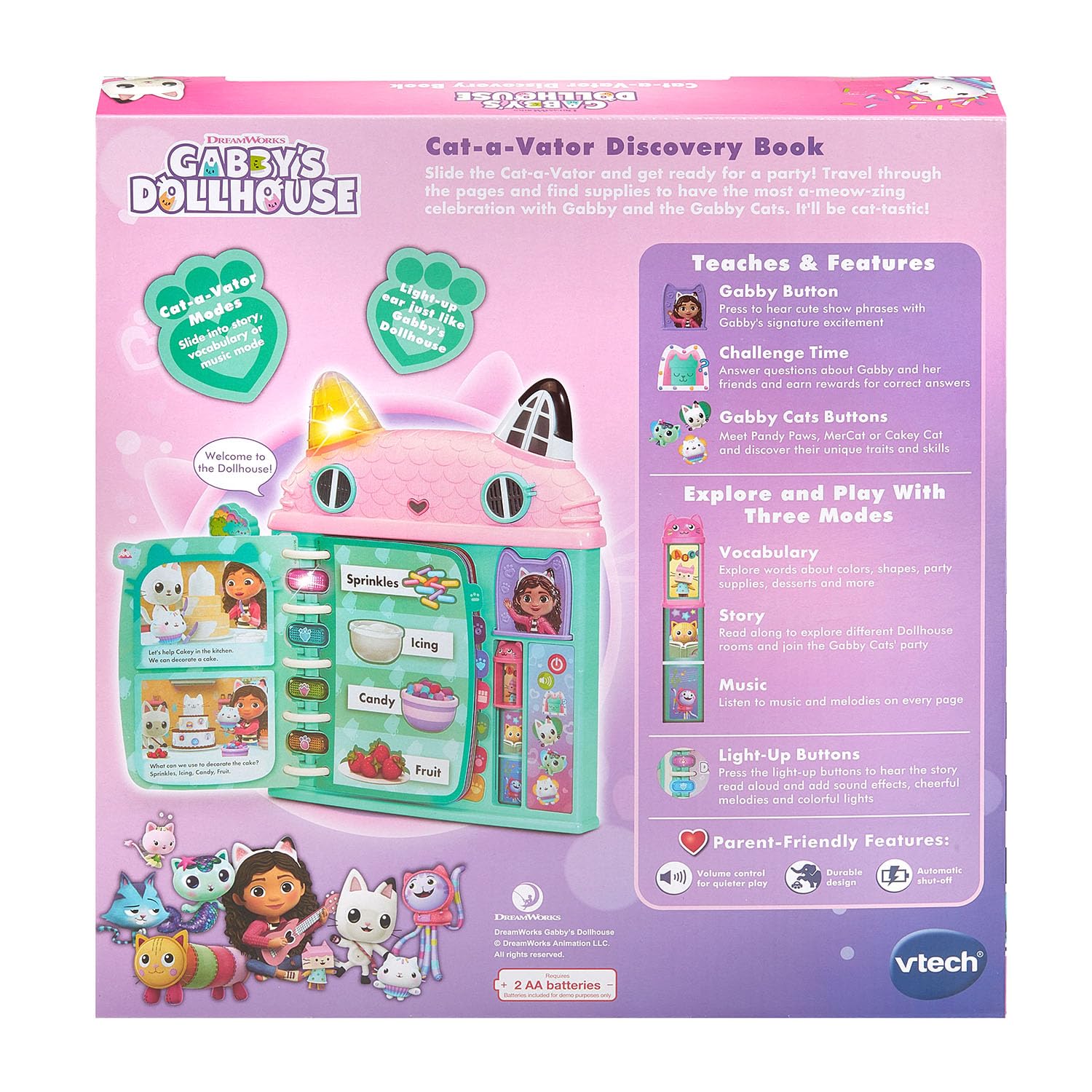 Back view of Vtech Gabby's Dollhouse learning book battery compartment