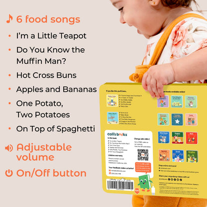Close up of food-themed song pages in Cali's Books sound book