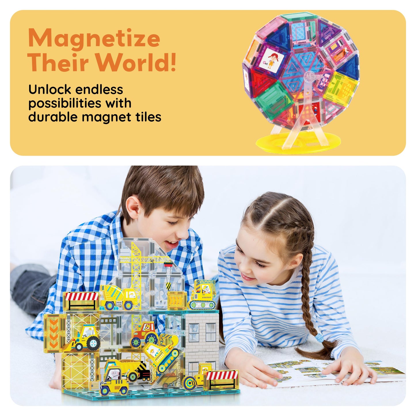 Group of children playing with tiles and idea book