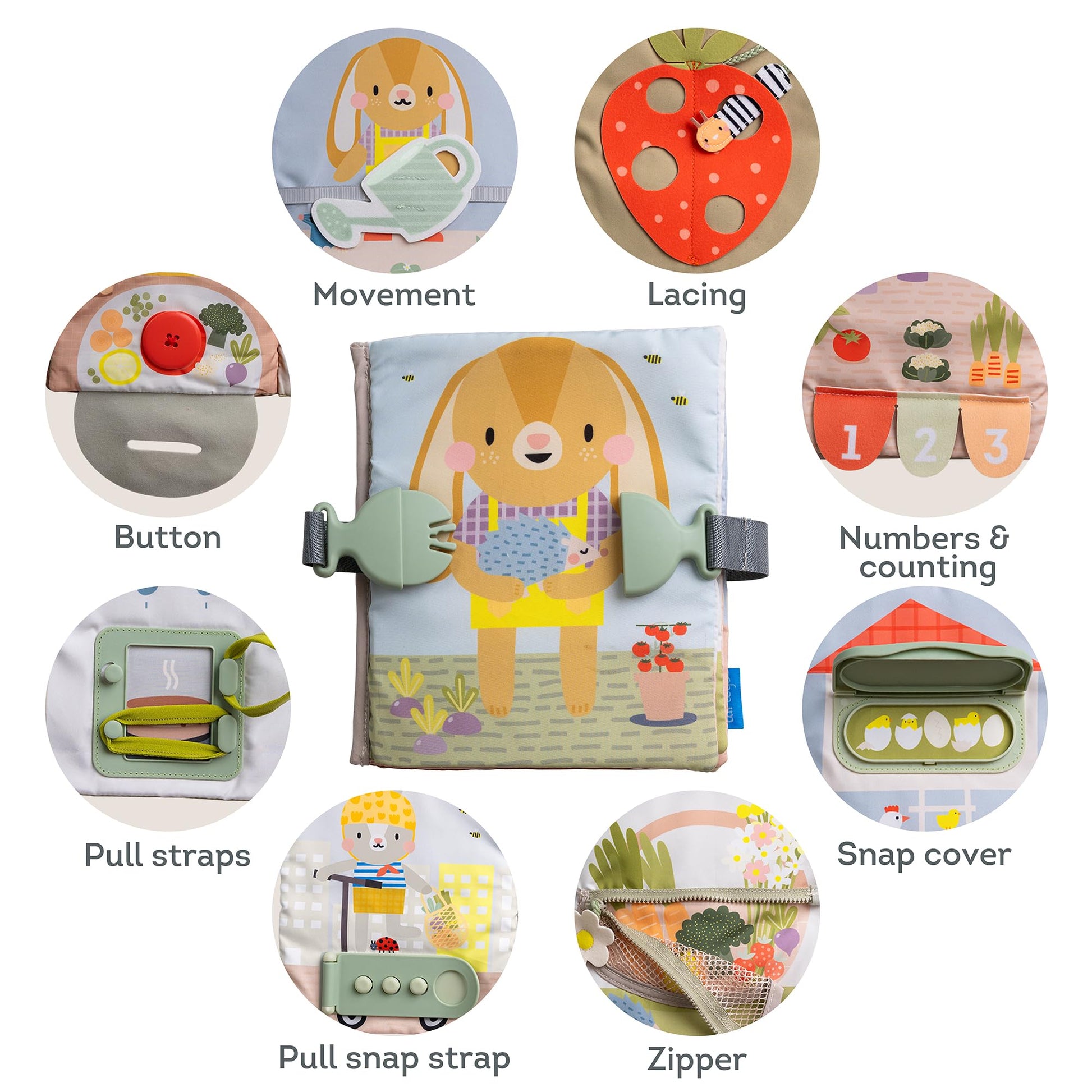 Toddler hands using the zipper activity in the Taf Toys busy book