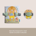 Close up of buckle and lacing learning activities in Montessori book
