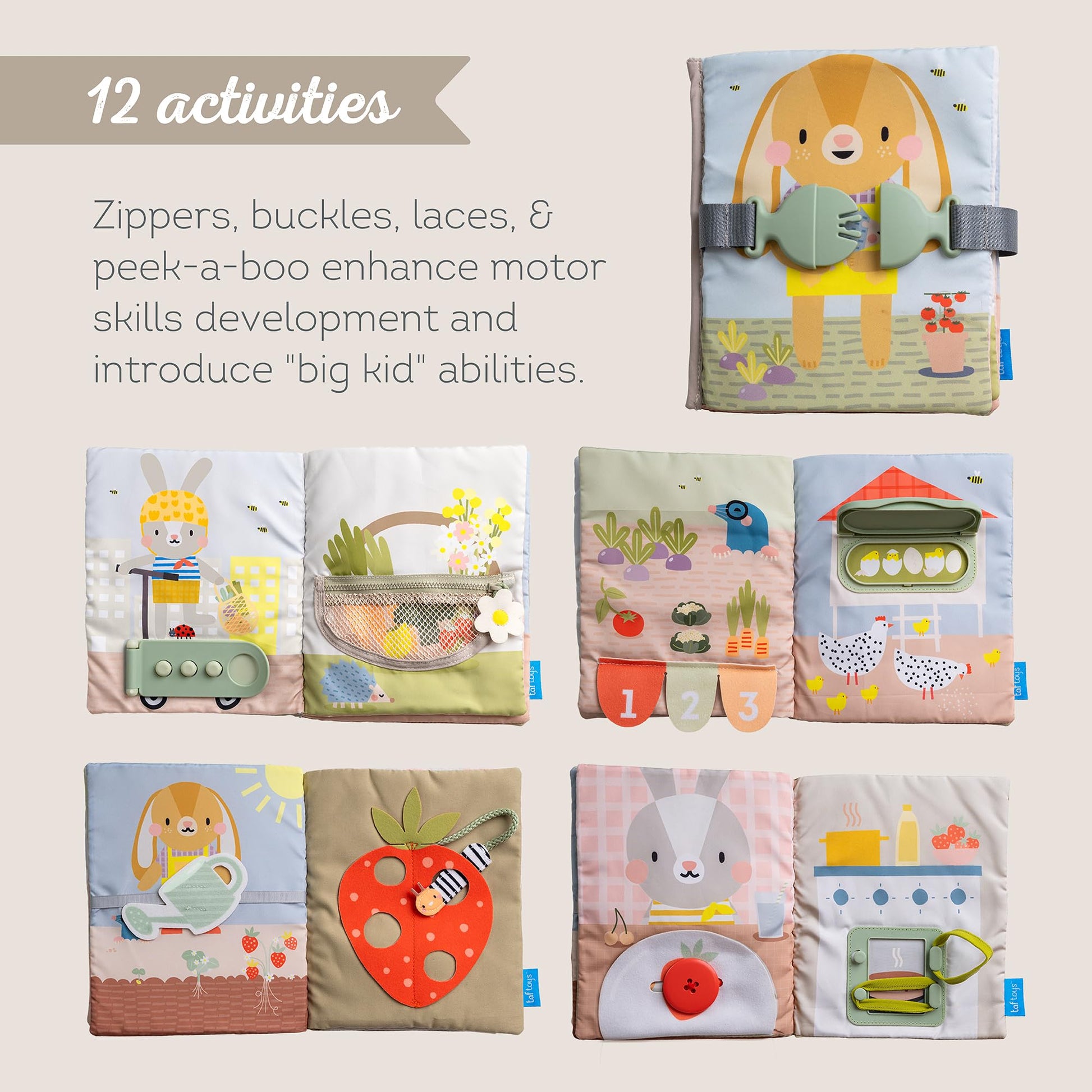 Soft fabric pages of Taf Toys activity book for sensory learning