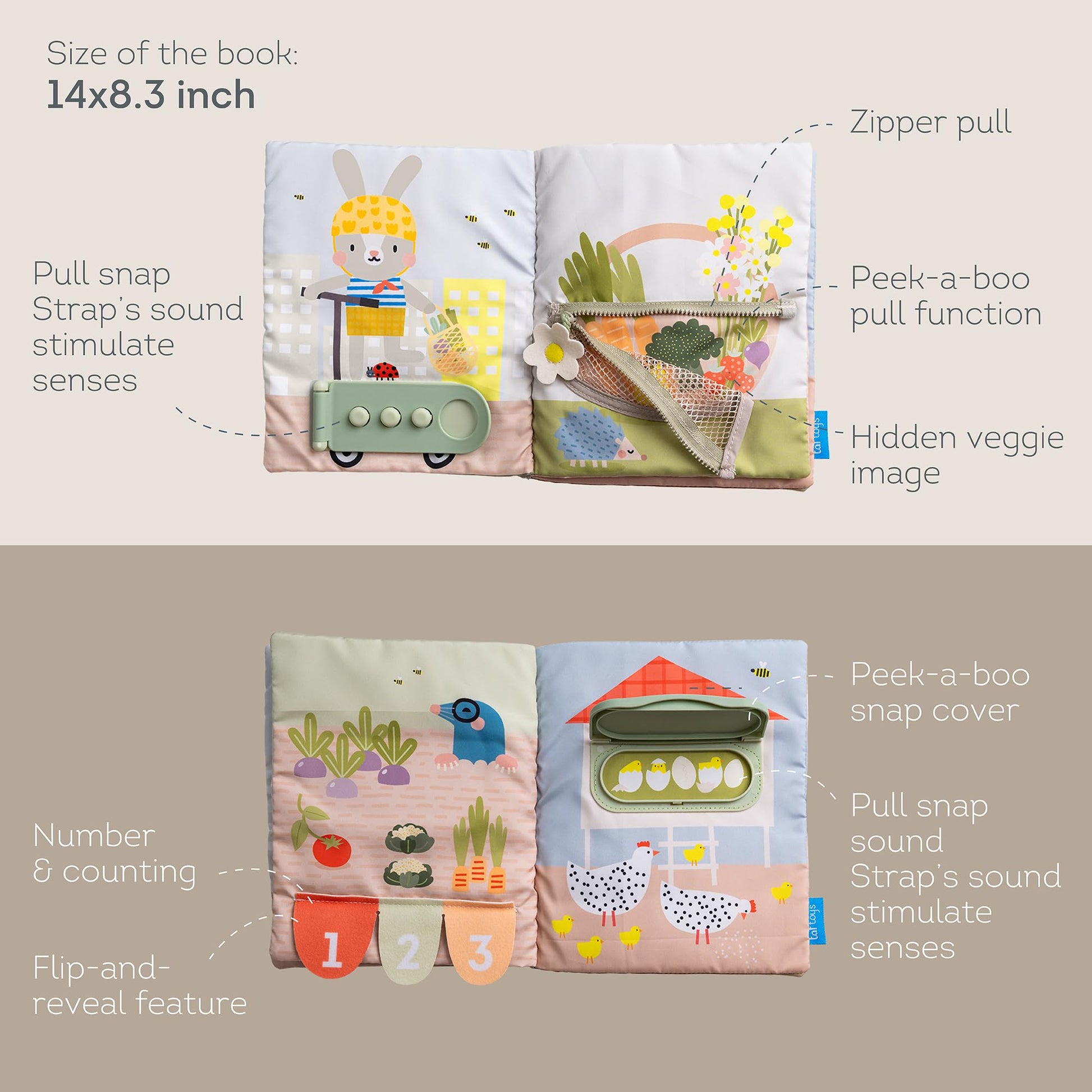 Side view of Taf Toys busy book demonstrating portability for travel