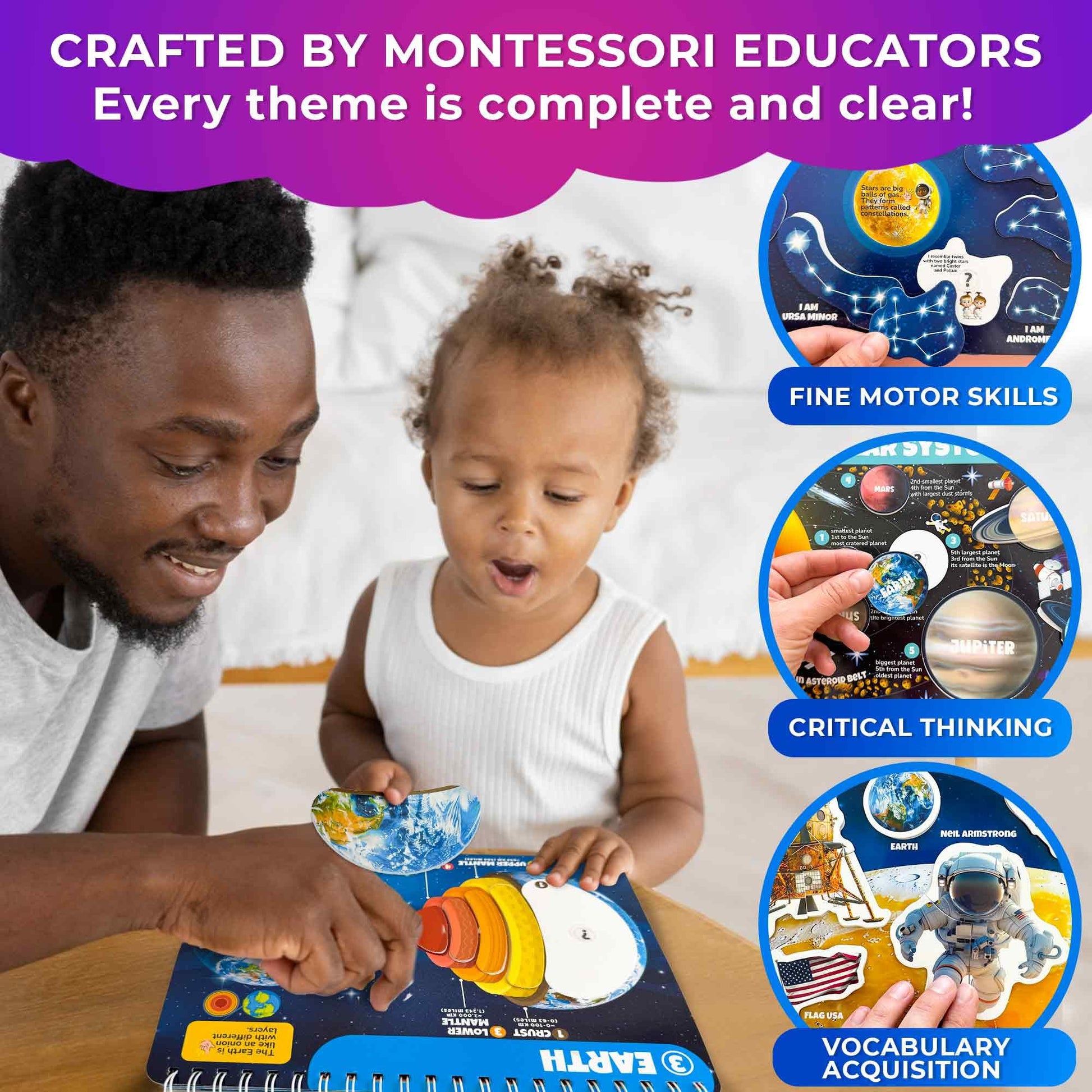 Close up of Quokka Montessori busy book educational planet elements