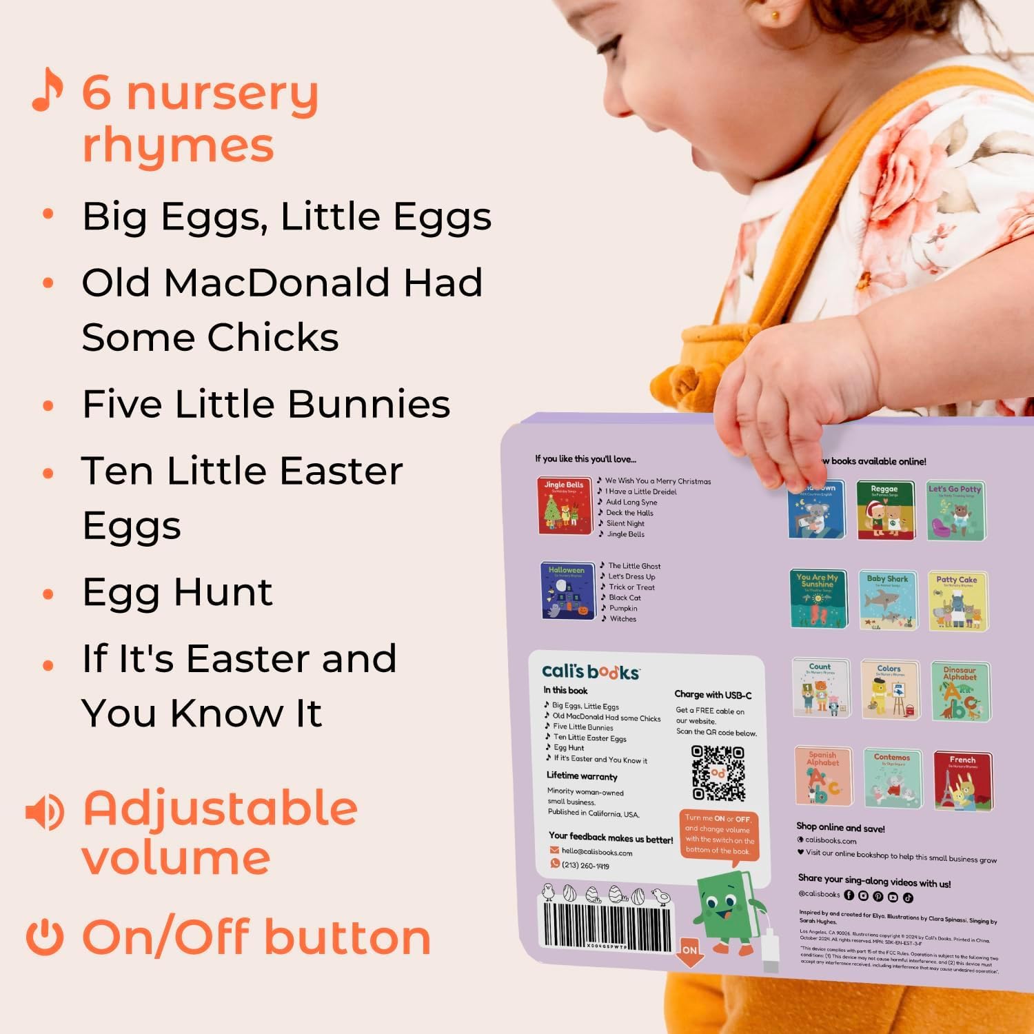 Side view of Cali's Books Easter sound book showing USB-C charging port