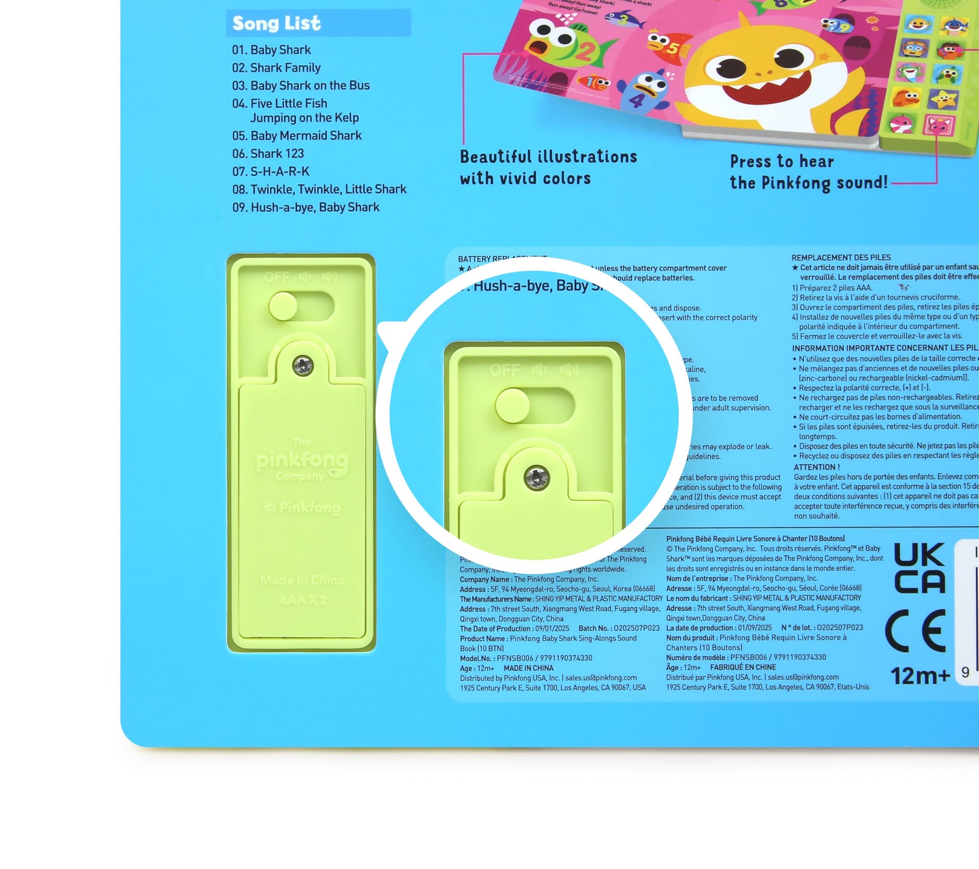 Back cover of Pinkfong sound book showing battery compartment