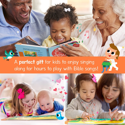 Toddler hands interacting with the buttons on the Dance with Jesus book
