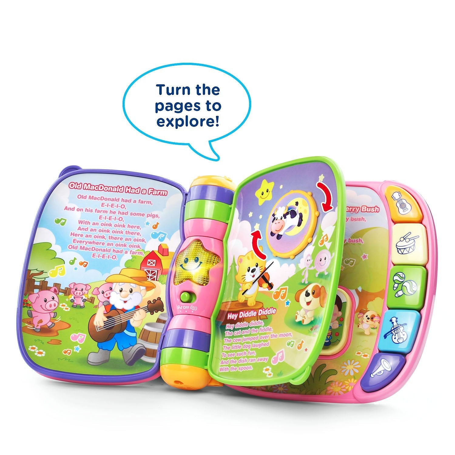 Side view of VTech Musical Rhymes Book Pink educational toy.